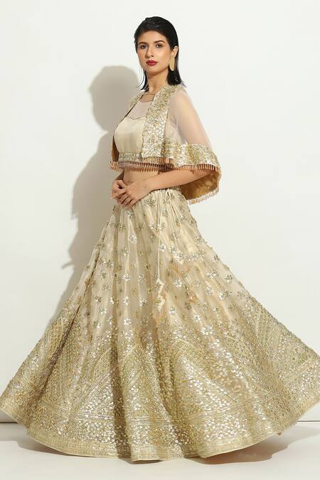 Shop_Vandana Sethi_Ivory Organza Beads, Sequins Round Neck Gota Embroidered Lehenga Cape Set _Online_at_Aza_Fashions