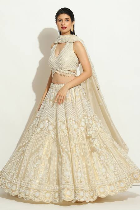 Buy Vandana Sethi Ivory Organza Pearls Halter Neck Embroidered Floral Lehenga Set Online at Aza Fashions Buy_Vandana Sethi_Ivory Organza Pearls Halter Neck Embroidered Floral Lehenga Set _Online_at_Aza_Fashions