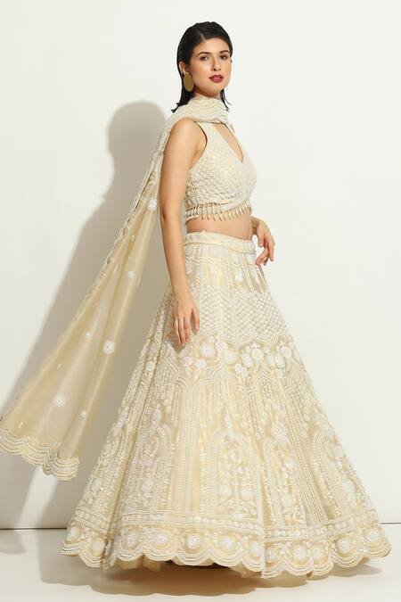 Shop Vandana Sethi Ivory Organza Pearls Halter Neck Embroidered Floral Lehenga Set Online at Aza Fashions Shop_Vandana Sethi_Ivory Organza Pearls Halter Neck Embroidered Floral Lehenga Set _Online_at_Aza_Fashions