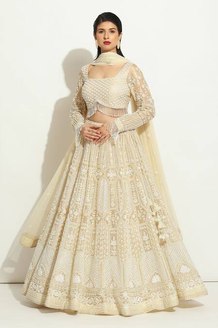 Vandana Sethi Ivory Organza Embroidered Pearl Square Floral Jaal Bridal Lehenga Set 