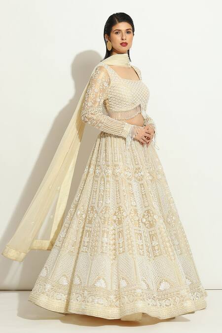Buy_Vandana Sethi_Ivory Organza Pearls Square Neck Floral Jaal Embroidered Bridal Lehenga Set _Online_at_Aza_Fashions