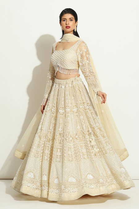 Shop_Vandana Sethi_Ivory Organza Pearls Square Neck Floral Jaal Embroidered Bridal Lehenga Set _Online_at_Aza_Fashions
