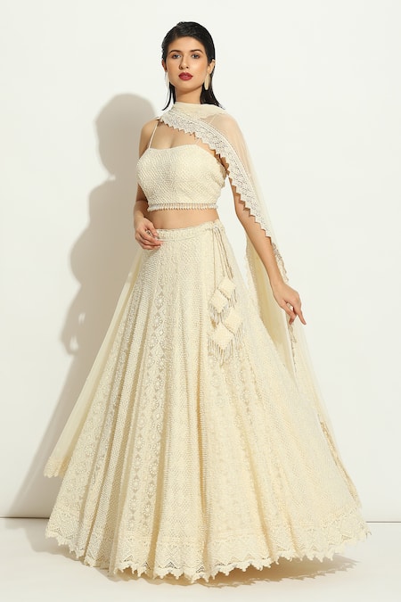 Shop_Vandana Sethi_Ivory Square Neck Pearl Embellished Chikankari Lehenga Set _Online_at_Aza_Fashions