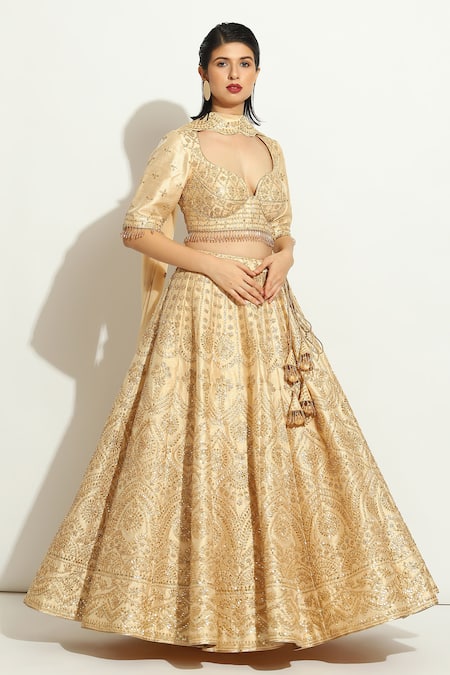 Buy_Vandana Sethi_Gold Silk Sequins, Crystals, Tassels Embroidered Floral Bridal Lehenga Set _Online_at_Aza_Fashions