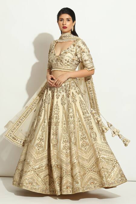 Shop_Vandana Sethi_Ivory Silk Sequins, Crystals, Pearls Zardozi Embroidered Bridal Lehenga Set _Online_at_Aza_Fashions