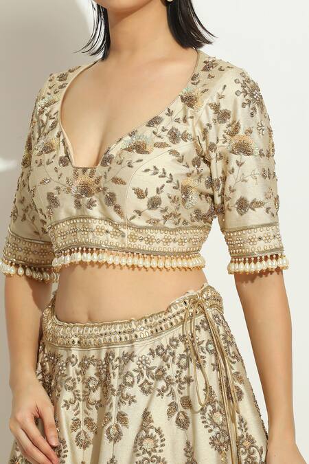 Vandana Sethi_Ivory Silk Sequins, Crystals, Pearls Zardozi Embroidered Bridal Lehenga Set _at_Aza_Fashions