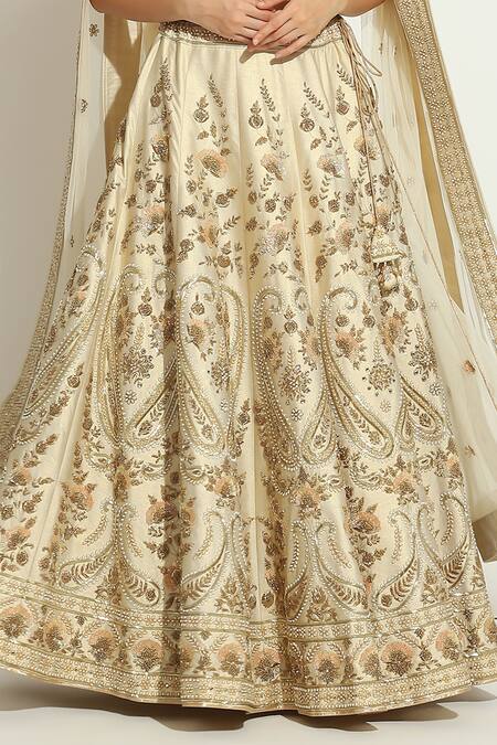 Buy_Vandana Sethi_Ivory Silk Pearls, Tassels, Zardozi Embroidered Paisley Bridal Lehenga Set _Online_at_Aza_Fashions