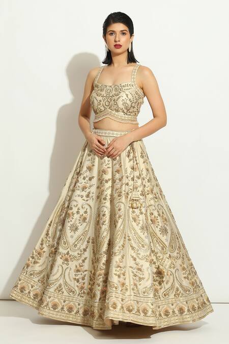 Shop_Vandana Sethi_Ivory Silk Pearls, Tassels, Zardozi Embroidered Paisley Bridal Lehenga Set _Online_at_Aza_Fashions