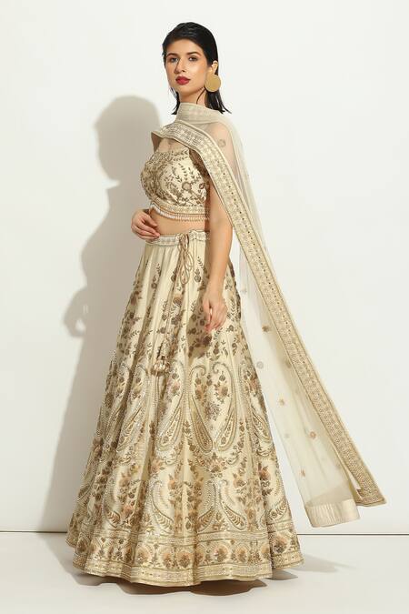 Vandana Sethi_Ivory Silk Pearls, Tassels, Zardozi Embroidered Paisley Bridal Lehenga Set _at_Aza_Fashions