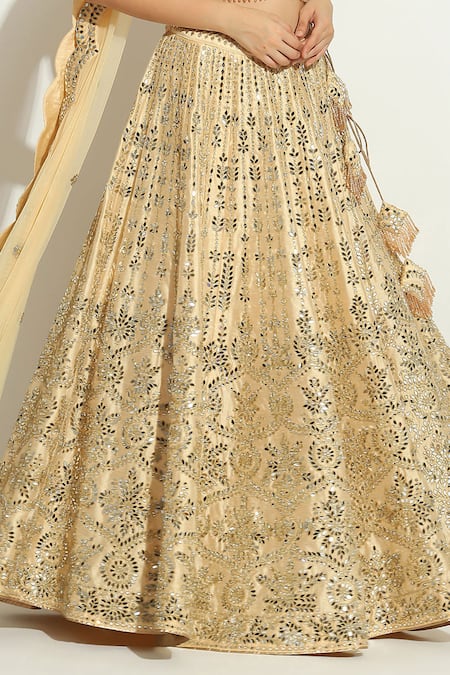 Buy_Vandana Sethi_Ivory Denim, Silk Mirrors, Crystals, Mirrorwork Floral Jaal Lehenga Set _Online_at_Aza_Fashions