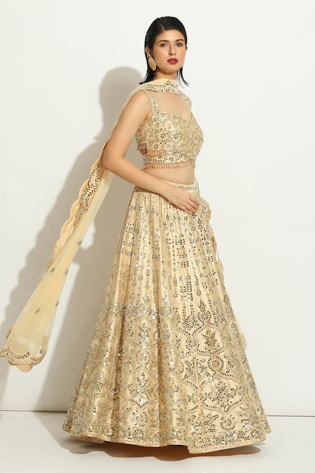 Shop_Vandana Sethi_Ivory Denim, Silk Mirrors, Crystals, Mirrorwork Floral Jaal Lehenga Set _Online_at_Aza_Fashions