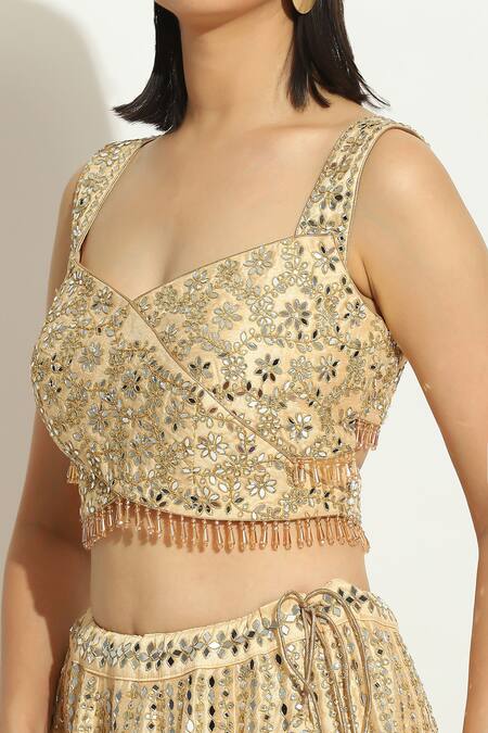 Vandana Sethi_Ivory Denim, Silk Mirrors, Crystals, Mirrorwork Floral Jaal Lehenga Set _at_Aza_Fashions