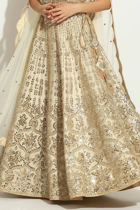 Buy_Vandana Sethi_Ivory Silk, Chiffon Crystals, Mirrorwork Floral Jaal Embellished Lehenga Set _Online_at_Aza_Fashions