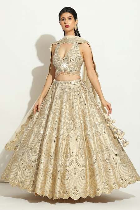 Vandana Sethi Ivory Scallop Mirrorwork Lehenga Set 