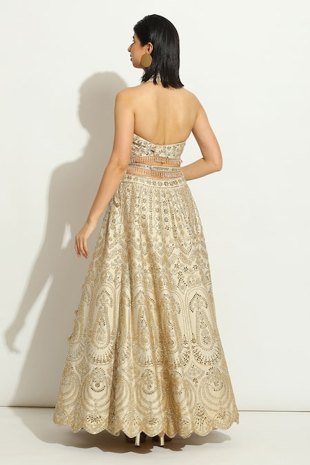 Vandana Sethi Ivory Scallop Mirrorwork Lehenga Set 