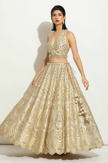 Shop_Vandana Sethi_Ivory Silk Mirrors, Crystals Halter Neck Scallop Mirrorwork Lehenga Set _Online_at_Aza_Fashions