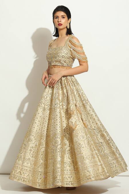 Shop_Vandana Sethi_Ivory Silk Crystals, Mirrors Square Neck Floral Jaal Embellished Lehenga Set _Online_at_Aza_Fashions
