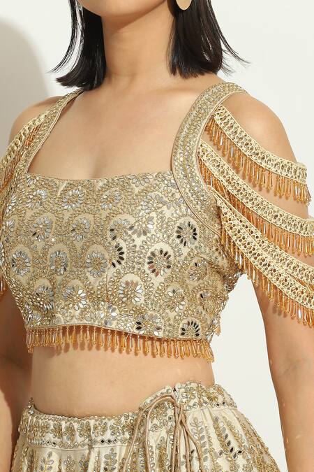 Vandana Sethi_Ivory Silk Crystals, Mirrors Square Neck Floral Jaal Embellished Lehenga Set _at_Aza_Fashions