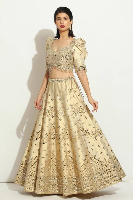 Shop_Vandana Sethi_Ivory Silk Crystals, Mirrorwork Embellished Scalloped Bridal Lehenga Set _Online_at_Aza_Fashions