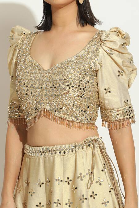 Vandana Sethi_Ivory Silk Crystals, Mirrorwork Embellished Scalloped Bridal Lehenga Set _at_Aza_Fashions