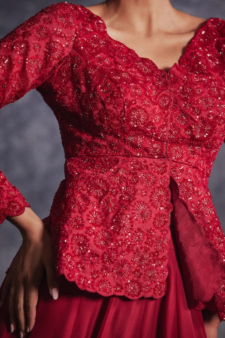 Varun Chakkilam Red Chiffon, Silk Organza Crystals, Beads Embroidered Peplum Top And Skirt Set Online at Aza Fashions Varun Chakkilam_Red Chiffon, Silk Organza Crystals, Beads Embroidered Peplum Top And Skirt Set _Online_at_Aza_Fashions