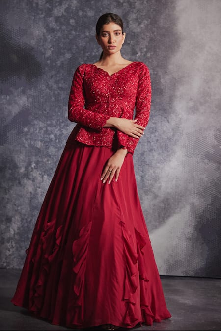 Shop Varun Chakkilam Red Chiffon, Silk Organza Crystals, Beads Embroidered Peplum Top And Skirt Set at Aza Fashions Shop_Varun Chakkilam_Red Chiffon, Silk Organza Crystals, Beads Embroidered Peplum Top And Skirt Set _at_Aza_Fashions