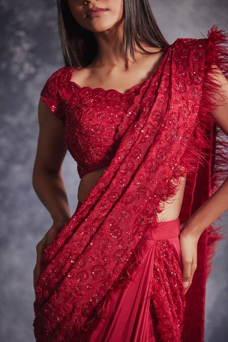 Varun Chakkilam_Red Silk Organza Embroidered Crystals Lehenga Saree And Blouse Set  _Online_at_Aza_Fashions
