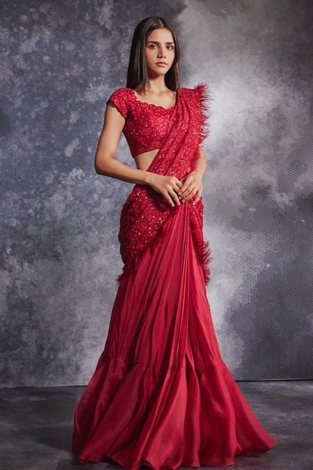 Shop Red designer Lehenga Sarees for Women Online | Aza Fashions