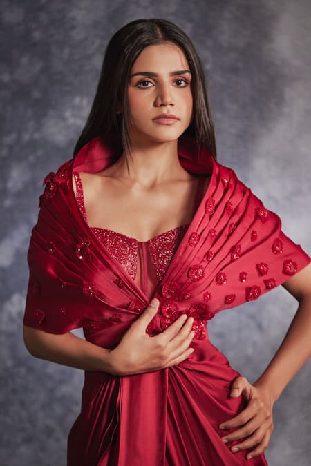 Varun Chakkilam Red Silk Organza Embroidered Crystals Gown Pleated Draped And Jacket Set Online at Aza Fashions Varun Chakkilam_Red Silk Organza Embroidered Crystals Gown Pleated Draped And Jacket Set _Online_at_Aza_Fashions