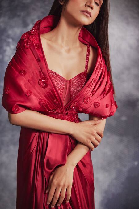 Buy Varun Chakkilam Red Silk Organza Embroidered Crystals Gown Pleated Draped And Jacket Set Online at Aza Fashions Buy_Varun Chakkilam_Red Silk Organza Embroidered Crystals Gown Pleated Draped And Jacket Set _Online_at_Aza_Fashions