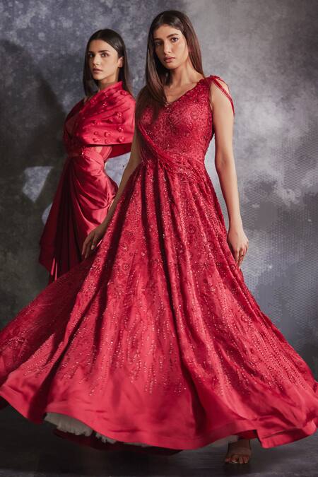 Varun Chakkilam Red Silk Organza Embroidered Sequin V Floral Glass Bead Flared Gown Online at Aza Fashions Varun Chakkilam_Red Silk Organza Embroidered Sequin V Floral Glass Bead Flared Gown _Online_at_Aza_Fashions