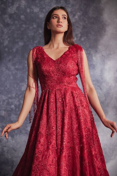Buy Varun Chakkilam Red Silk Organza Embroidered Sequin V Floral Glass Bead Flared Gown Online at Aza Fashions Buy_Varun Chakkilam_Red Silk Organza Embroidered Sequin V Floral Glass Bead Flared Gown _Online_at_Aza_Fashions
