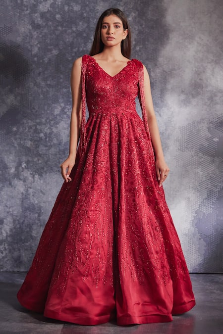 Varun Chakkilam Floral Glass Bead Embroidered Flared Gown 