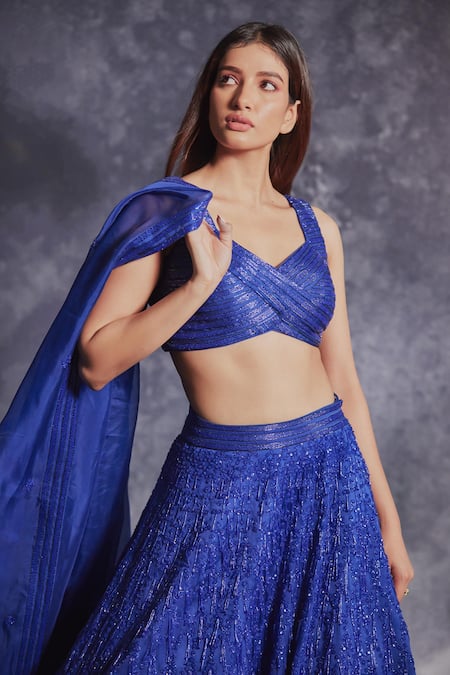Shop_Varun Chakkilam_Blue Organza Embroidered Sequin Sweetheart Neck Glass Beads Lehenga Set _at_Aza_Fashions