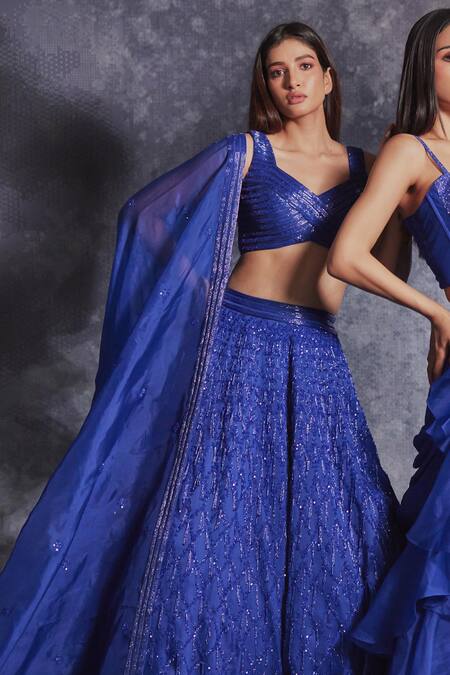 Shop_Varun Chakkilam_Blue Organza Embroidered Sequin Sweetheart Neck Glass Beads Lehenga Set _Online_at_Aza_Fashions