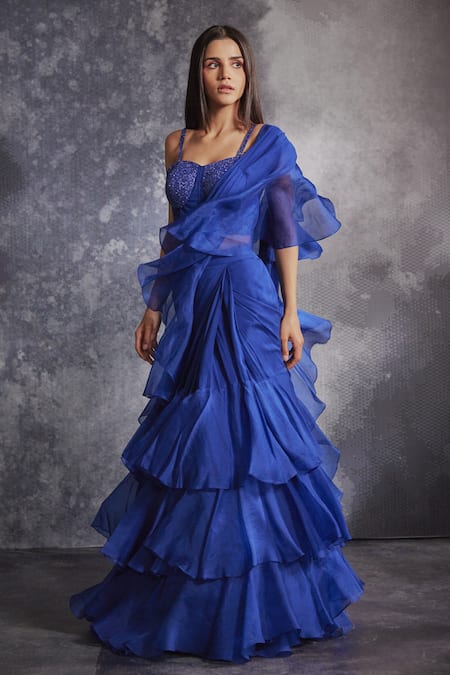 Varun Chakkilam_Blue Silk Organza Embroidered Sequin Ruffle Lehenga Saree And Blouse Set  _Online_at_Aza_Fashions