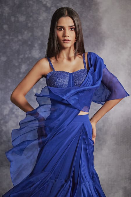 Buy_Varun Chakkilam_Blue Silk Organza Embroidered Sequin Ruffle Lehenga Saree And Blouse Set  _Online_at_Aza_Fashions