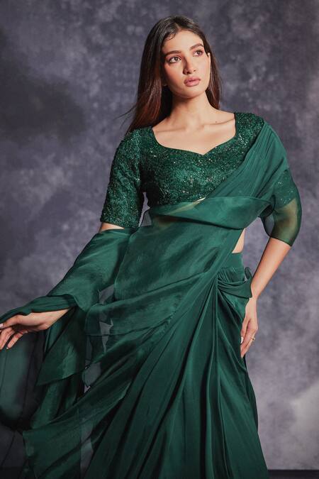 Varun Chakkilam_Green Silk Organza Embroidered Ruffle Lehenga Saree With Blouse  _Online_at_Aza_Fashions