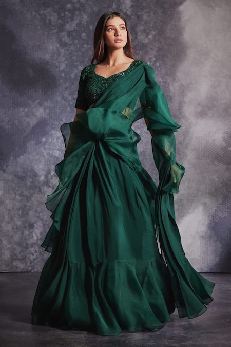 Varun Chakkilam Ruffle Lehenga Saree With Embroidered Blouse 