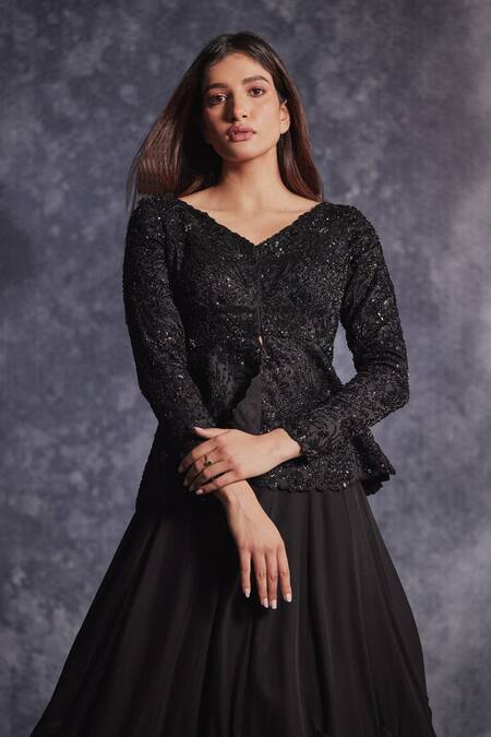 Varun Chakkilam Black Silk Organza Embroidered Sequin V Neck Peplum Top And Skirt Set Online at Aza Fashions Varun Chakkilam_Black Silk Organza Embroidered Sequin V Neck Peplum Top And Skirt Set _Online_at_Aza_Fashions