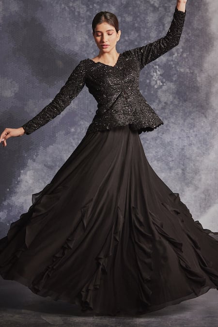 Buy Varun Chakkilam Black Silk Organza Embroidered Sequin V Neck Peplum Top And Skirt Set Online at Aza Fashions Buy_Varun Chakkilam_Black Silk Organza Embroidered Sequin V Neck Peplum Top And Skirt Set _Online_at_Aza_Fashions