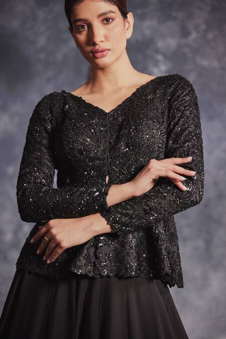 Buy Black Silk Organza Embroidered Sequin V Neck Peplum Top And