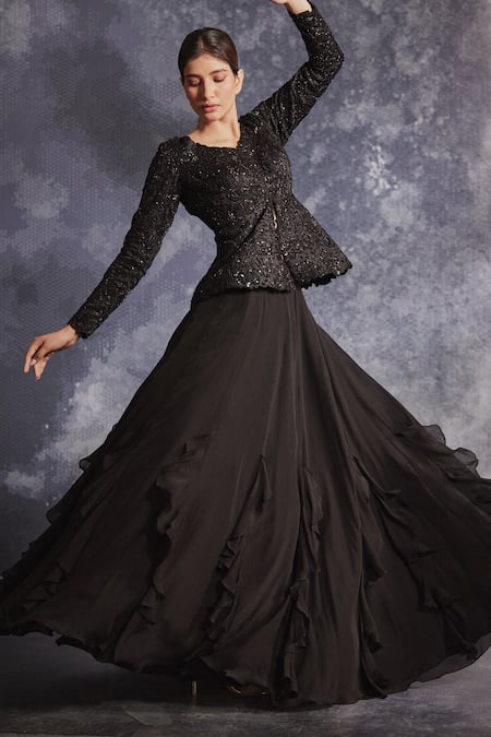 Shop Varun Chakkilam Black Silk Organza Embroidered Sequin V Neck Peplum Top And Skirt Set at Aza Fashions Shop_Varun Chakkilam_Black Silk Organza Embroidered Sequin V Neck Peplum Top And Skirt Set _at_Aza_Fashions