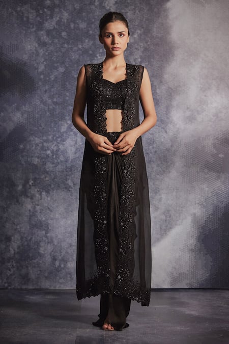 Varun Chakkilam Embroidered Jacket Draped Skirt Set 