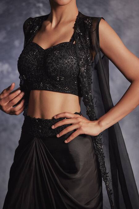 Varun Chakkilam Black Satin, Silk Organza Sequins, Beads Embroidered Jacket Draped Skirt Set Online at Aza Fashions Varun Chakkilam_Black Satin, Silk Organza Sequins, Beads Embroidered Jacket Draped Skirt Set _Online_at_Aza_Fashions