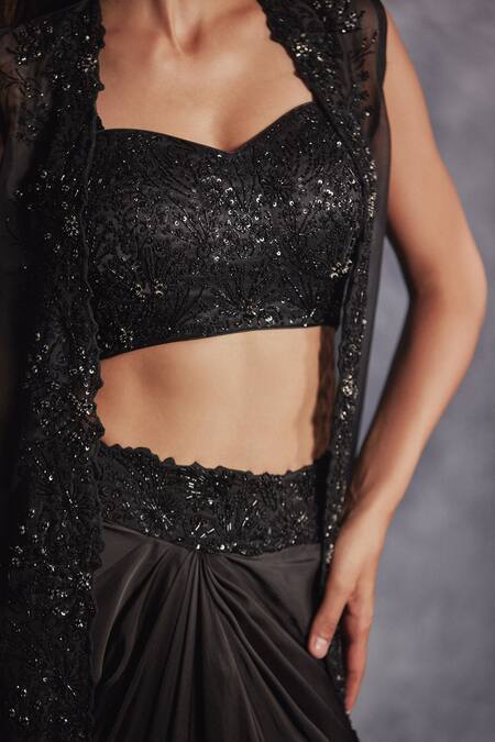 Buy Varun Chakkilam Black Satin, Silk Organza Sequins, Beads Embroidered Jacket Draped Skirt Set Online at Aza Fashions Buy_Varun Chakkilam_Black Satin, Silk Organza Sequins, Beads Embroidered Jacket Draped Skirt Set _Online_at_Aza_Fashions