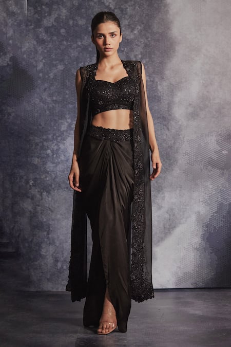 Shop Varun Chakkilam Black Satin, Silk Organza Sequins, Beads Embroidered Jacket Draped Skirt Set at Aza Fashions Shop_Varun Chakkilam_Black Satin, Silk Organza Sequins, Beads Embroidered Jacket Draped Skirt Set _at_Aza_Fashions