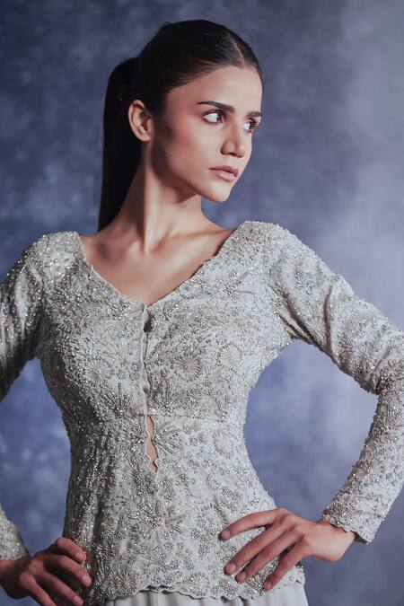 Varun Chakkilam_Grey Silk Organza, Chiffon Sequins, Beads V-neck Work Peplum Top And Skirt Set _Online_at_Aza_Fashions
