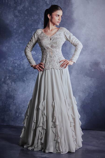Buy_Varun Chakkilam_Grey Silk Organza, Chiffon Sequins, Beads V-neck Work Peplum Top And Skirt Set _Online_at_Aza_Fashions