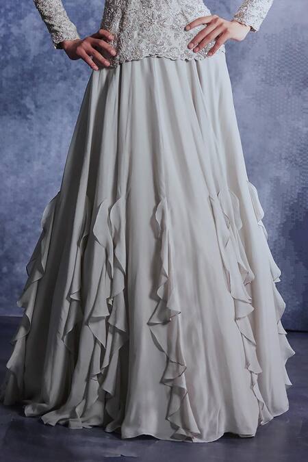 Shop_Varun Chakkilam_Grey Silk Organza, Chiffon Sequins, Beads V-neck Work Peplum Top And Skirt Set _Online_at_Aza_Fashions